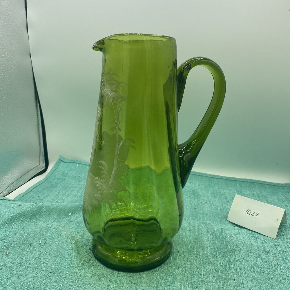19th Century Mary Gregory Green Glass Pitcher 10" Enameled Handpainted Boy